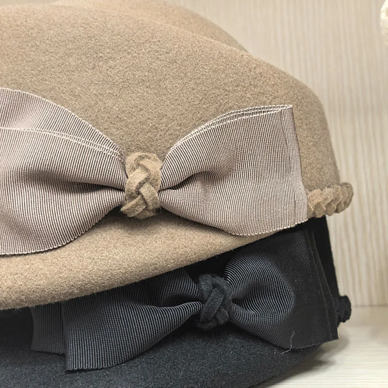 Elegant Wool Felt Berets Fedora Hats Women Winter Hat Pillbox Cap Ladies Bow Fascinator Hat Derby Wedding Ceremony Church Hat