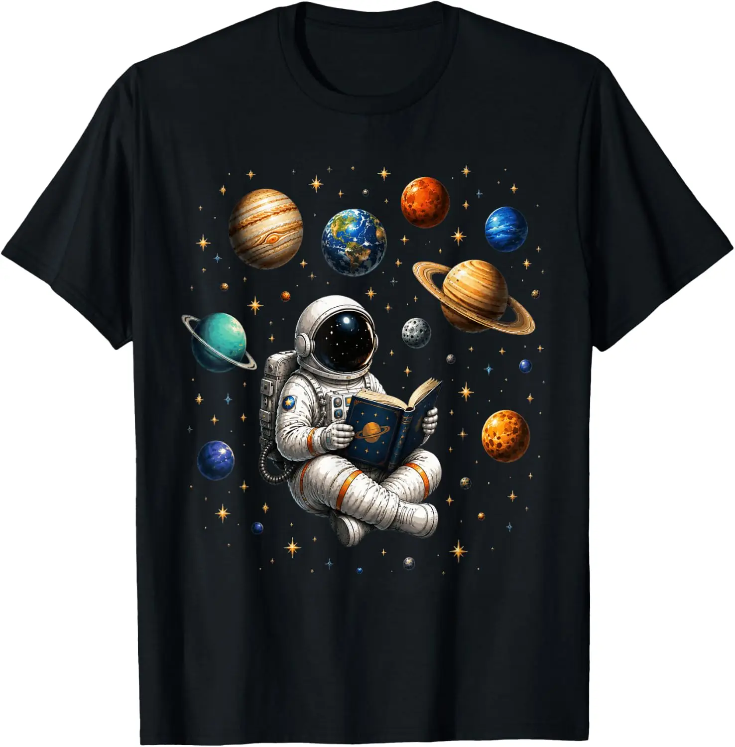Funny Space Astronaut Balloon Planets Solar System Galaxy T-Shirt Men Women Unisex Novelty Graphic T‑Shirt, Classic Crew Neck 100% Cotton Tee, Lightweight Anti‑Pilling Breathable Casual Tops, Year‑Round Daily Outfit, Holiday Birthday Present Tee