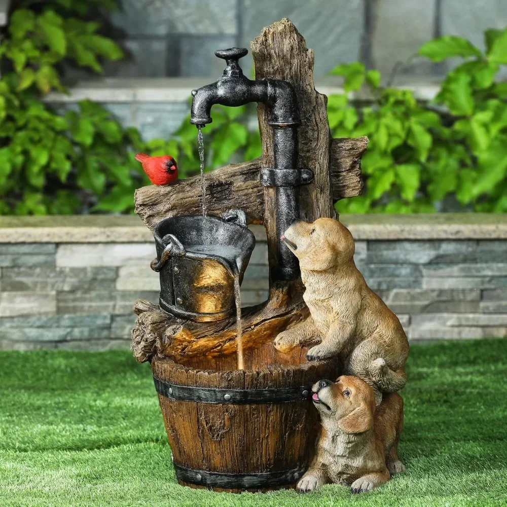 30 Inch 3-layer Puppy and Water Pump Resin Outdoor Fountain and Waterfall, Fountain with LED Lights, Brown/yellow