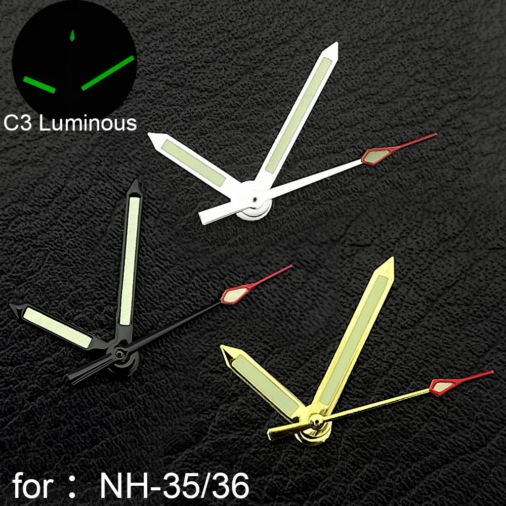 

13.5mm Modified Silver Gold Watch Hands C3 Green Luminous Needle Watch Accessories for NH-35/NH36/4R/7S Watch parts accessories