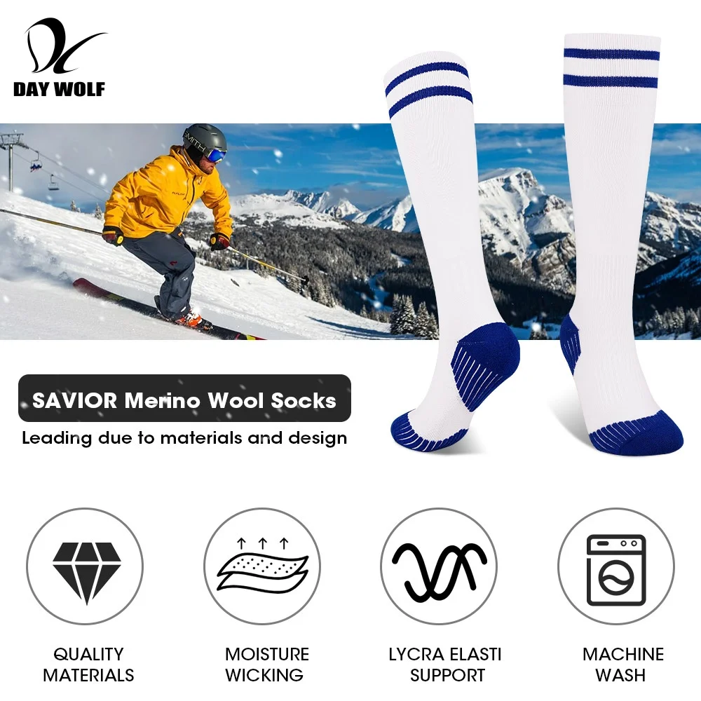 DAY WOLF Merino Wool Ski Socks High Quality Professional Men/Women Outdoor Hiking Socks Thicken Terry Warm Knee High Long Socks