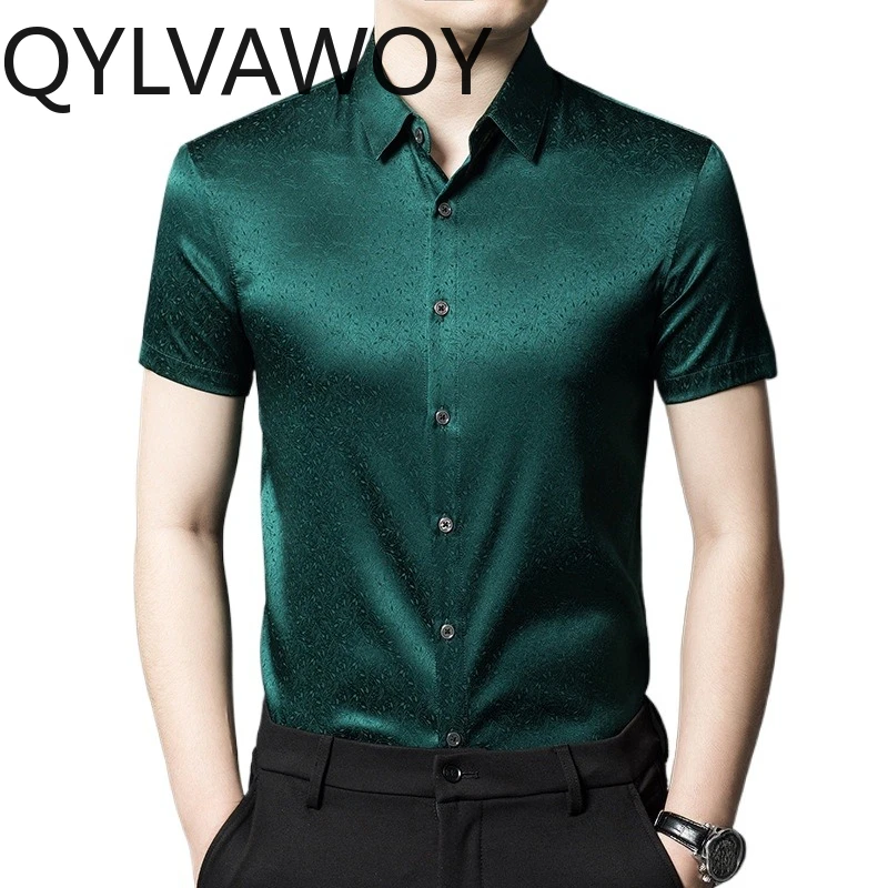 

QYLVAWOY High-end Men's Shirts Summer Clothes for Man Shirt 90.8% Mulberry Silk Short Sleeve Shirts for Man Tops Ropa Hombre New
