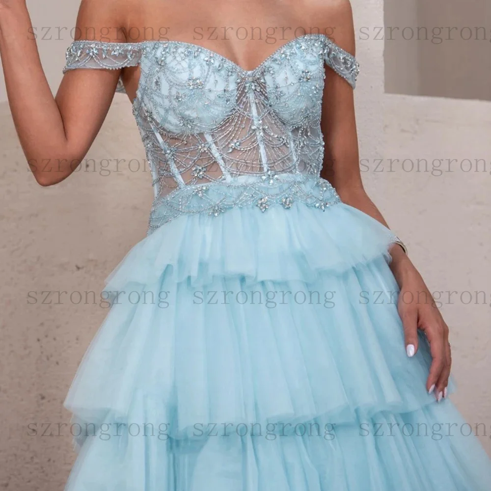 فساتين سهرة مخصصة على شكل حرف A بطول الأرض قبالة الكتف بدون أكمام فستان حفلات موضة كريستال متدرج ثنيات