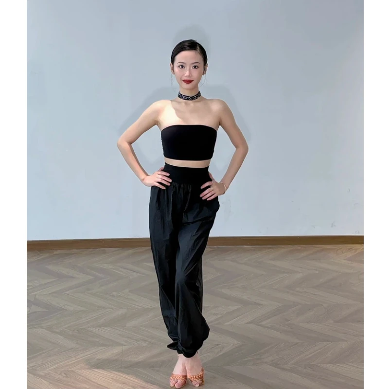 

Новые черные свободные брюки для латиноамериканских танцев, женские, с высокой талией, глянцевые, для чачи и румбы, тренировочная одежда