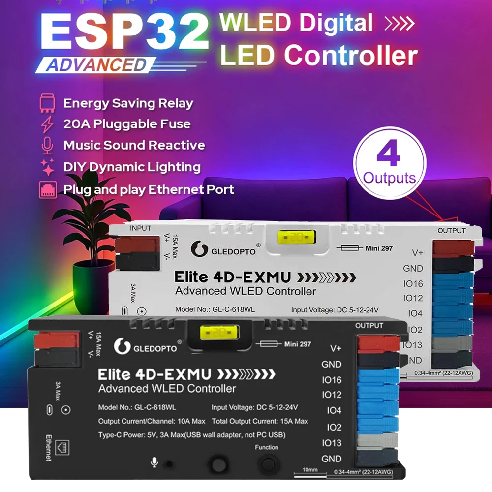 gl-c-618wl-esp32-wled-ledコントローラー-白黒-4出力-イーサネット-マイク-uart-省エネ-リレー-20a-プラグインヒューズ
