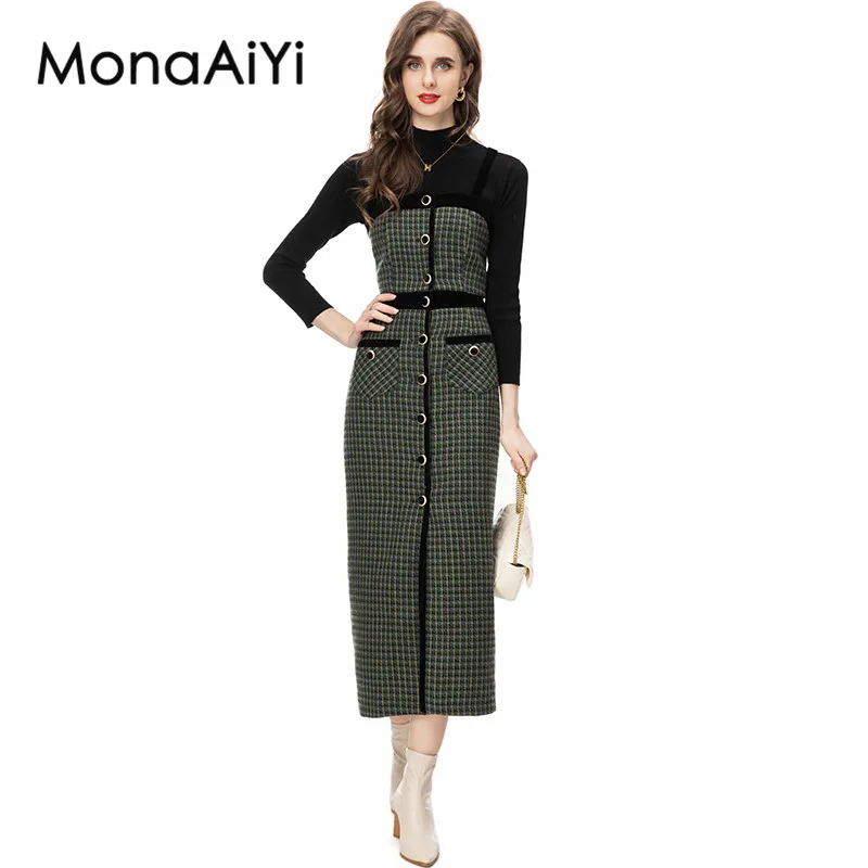 

MonaAiYi Fashion Designer Suit Women's Round Collar Long Sleeves Black Sweater+Suspenders Tank+Plaid Midi Skirt 3pcs Set