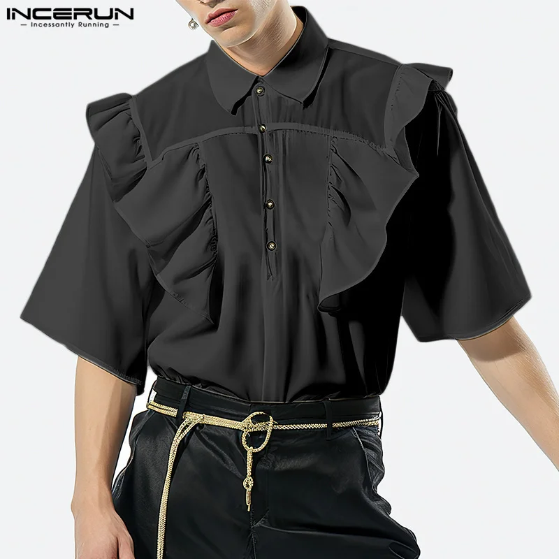 2024 Men\'s Shirt Lapel Short Sleeve Solid Color Ruffle Summer Casual Men Clothing Streetwear Loose Fashion Shirts S-2XL INCERUN