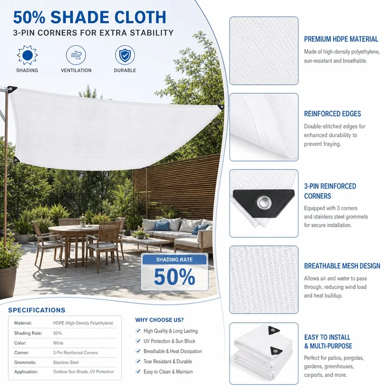 Hot Selling 3PIN White Sunshade Net 40‑50% Shading Rate HDPE UV‑Stabilized Shade Cloth,Multipurpose Breathable Shade Mesh for Garden Greenhouse Plants Patio Balcony Terrace Gazebo Kennel,Outdoor Sun Block Shade Netting Cover