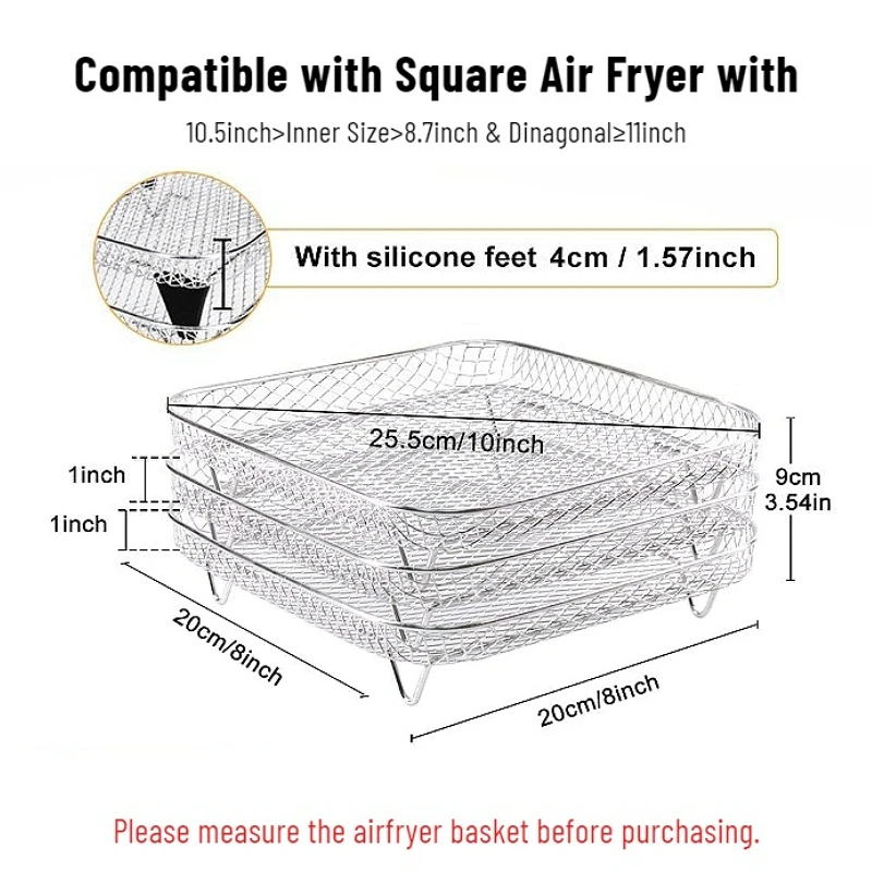 1Set Square Air Fryer Accessories 8inch Stackable Stainless Steel Dehydrator Rack, Silicon Feet, Anti-Scald Clips for 6-7.5QT