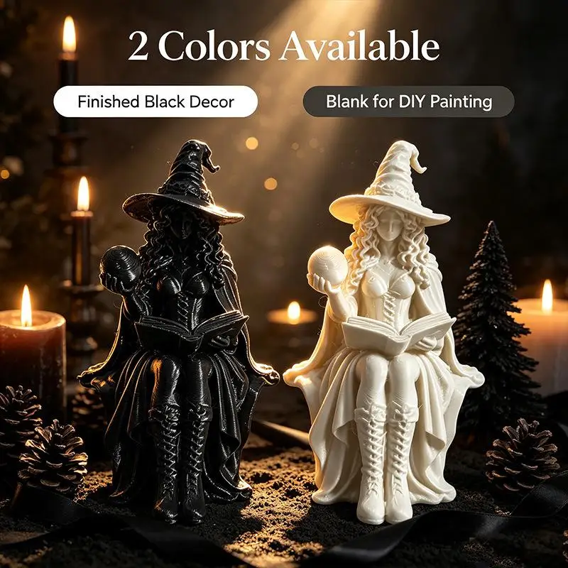3D Printed Witch Statue with Frosted Crystal Ball Fine Detailed Craft for Halloween Home Window Sill Ornament