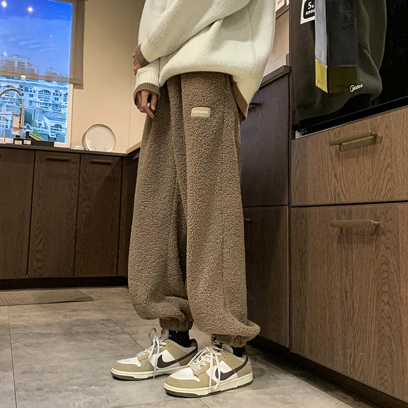 

Lamb Velvet Men's Winter Thiened Fce Sweatpants American Sle Heavyweight Fce Trousers Cuffed Sports Pants