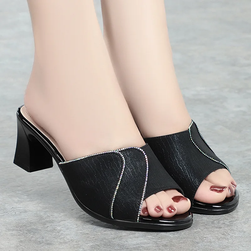 Shoes For Women Slippers 2024 Summer Woman Pumps Casual High Heels Solid Color Ladies Slipper Round Toe Slides Outside Slippers