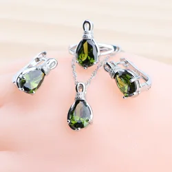 Bridal 925 Silver Jewelry Sets Olive Cubic Zirconia Earrings For Women Rings Pendant Necklace Ladies Stones Wedding Jewelry Set