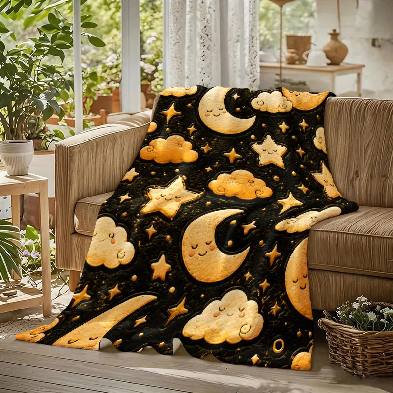 Moon Star Cloud Texture Flannel Blanket Warm Soft Halloween Christmas Decorative Couch Warm Cozy All-Season Gift