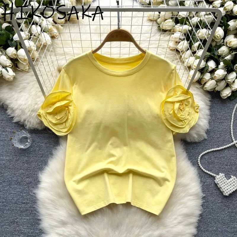 Korean Fashion Casual O-neck Solid Tshirts Women Short Sleeve 3D Flower Loose Pullover Tee Summer All-match Street Lady Top