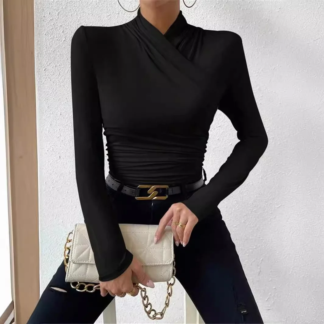 Couleur Slim Fit plissé longue Sve T-irt femmes haut Ele couleur Pure polyuréthane fibre élastique hiver Faion dames T-shirt