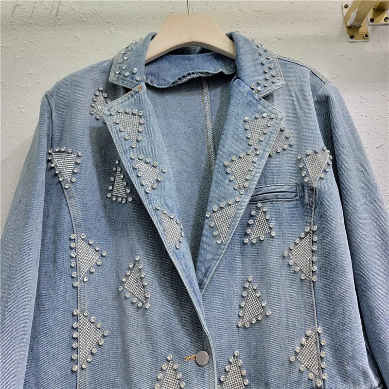 ANJY الخريف جديد المرأة الدنيم السترة الشارع الأمريكي موضة المتخصصة مزاجه أنيقة رصع الماس مطرز الاتجاه دعوى A14668
