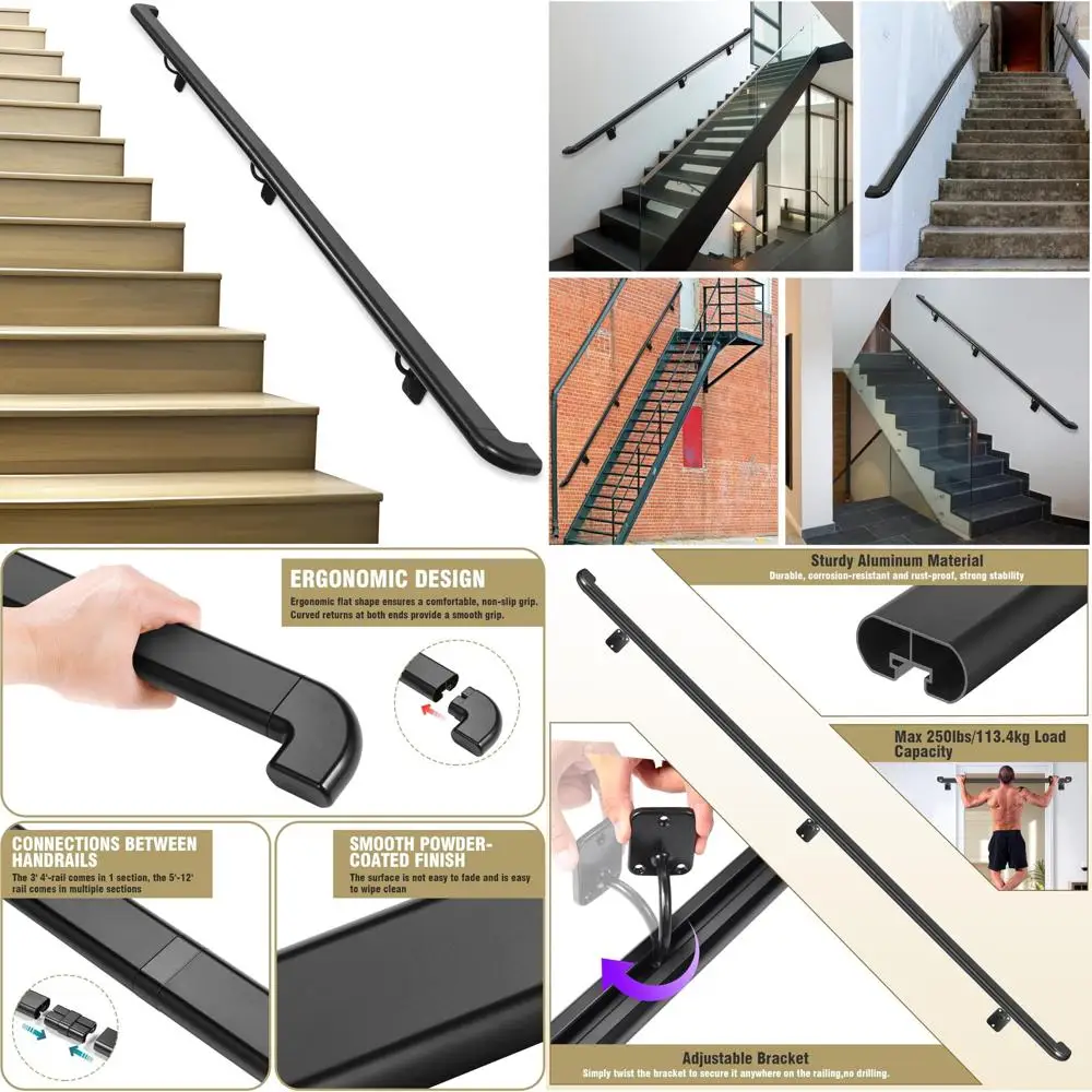 درابزين معدني داخلي وخارجي للسلالم، حاجز يد أسود مع إرجاع الحائط، مناسب للدرج الداخلي والخطوات الخارجية #1