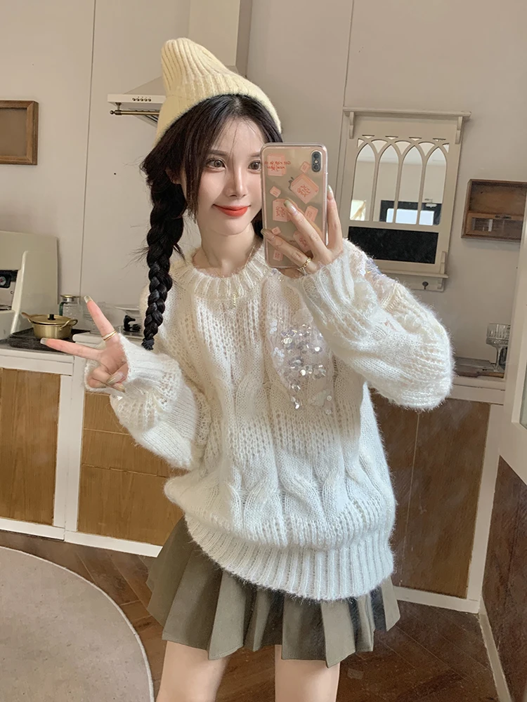 Autumn Winter New Ladies Korean Ins Fashionable Stylish O-neck Knitted Top Women\'s Sweet Fairy Solid Sequins Pullover Sweater