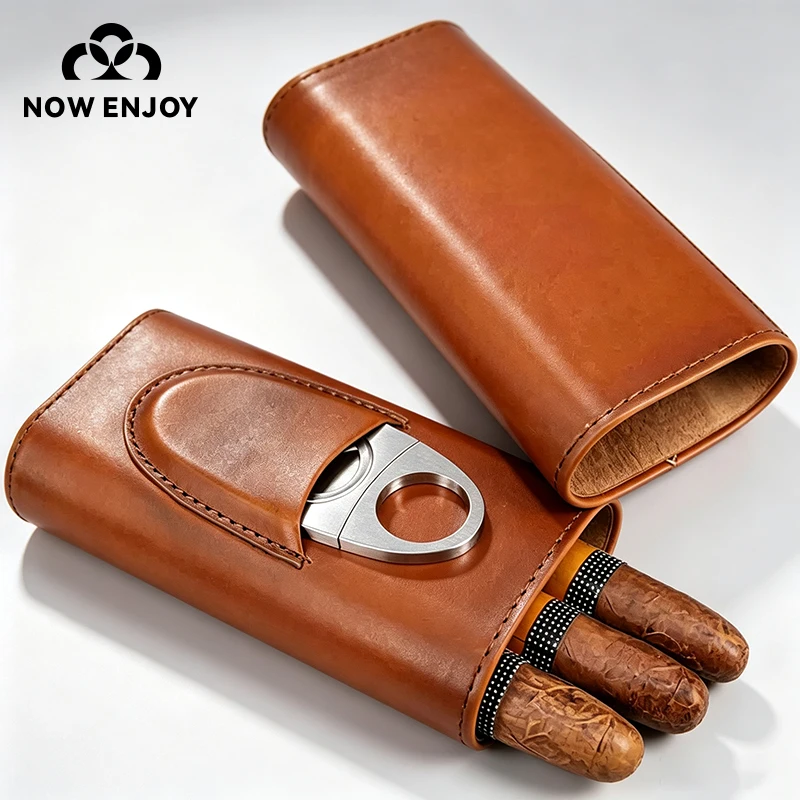 NOW ENJOY High-Q Leather Cigar Case 3 Finger Cigar Pouch with Cedar Wood Lining Cigar Accessories
