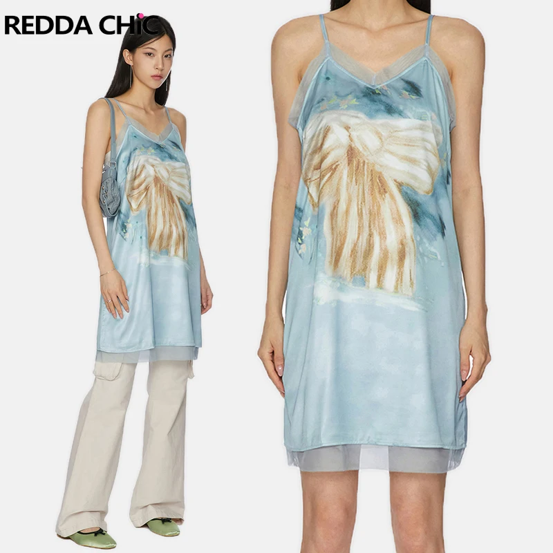 Reddaschic-Mini vestido con estampado estético de lazo para mujer, ropa de verano de una pieza, Retro, Y2k, drapeado, puntada de encaje, cuello en V, satén, deseo coreano