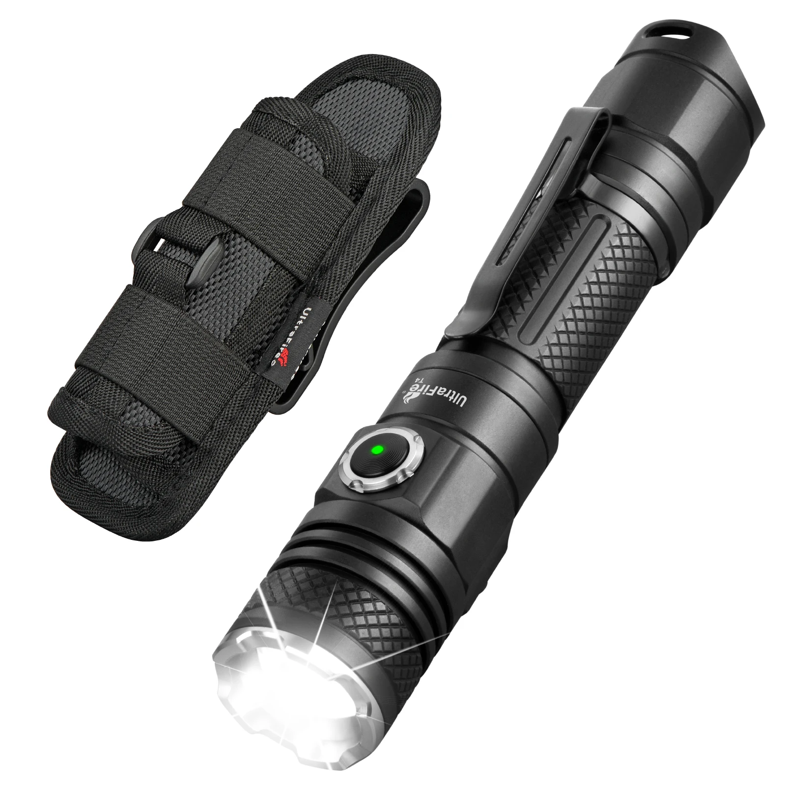 UltraFire T4 Tactical Flashlight with Belt Holster 1200 Lumens USB C Rechargeable LED Torch Dual Switch Portable Zoomable Lamp