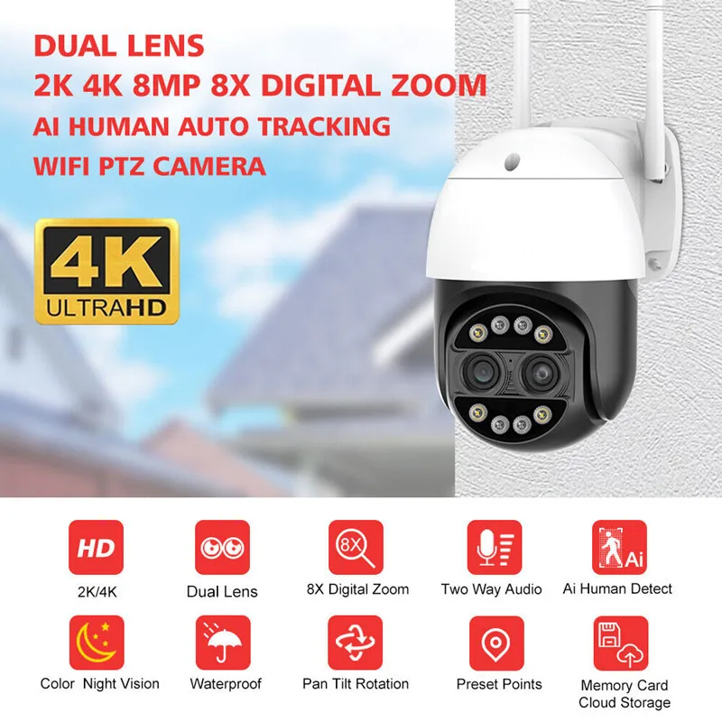 

8MP 4K Dual-Lens Wifi PTZ IP Camera ICsee 4MP Outdoor 8X Digital CCTV Camera Human Detection Security Video Surveillance Camera