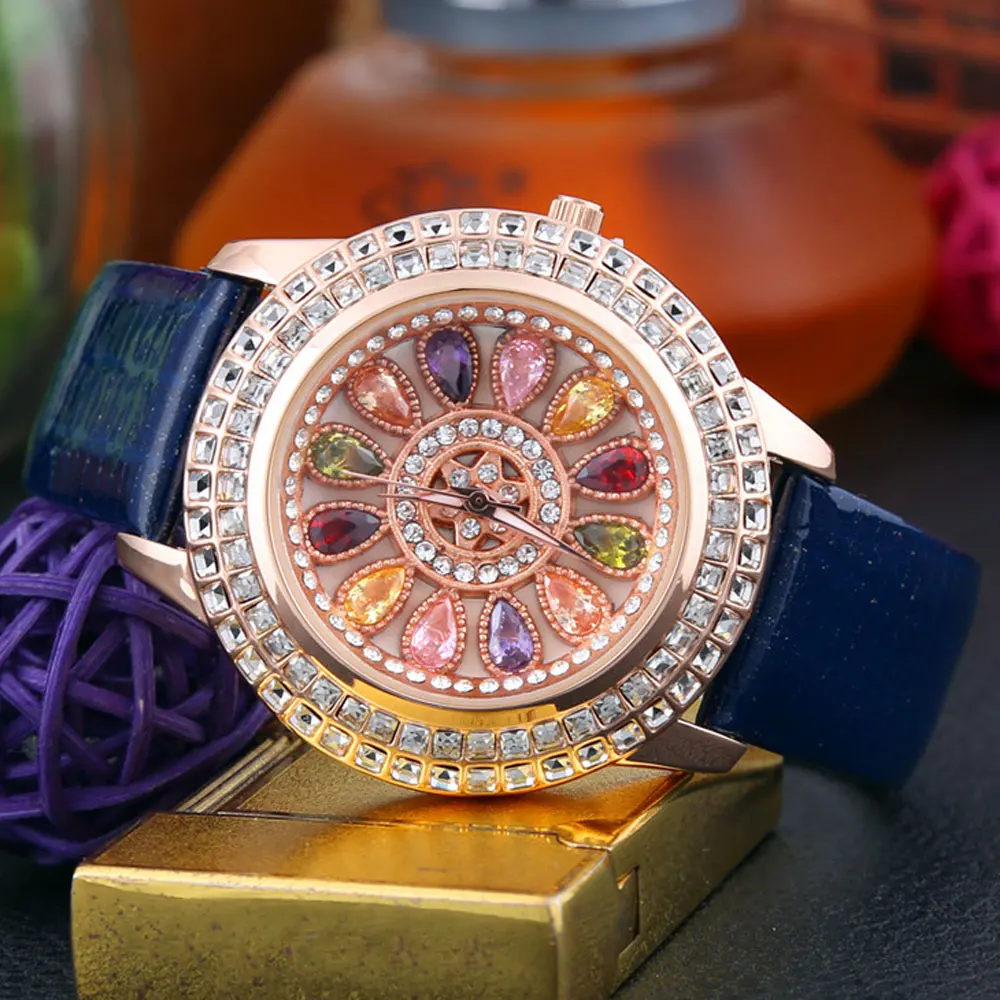 Korean Ladies Watch Colorful Rhinestones Dashi Dial Quartz Watch Casual Leather Ladies Clock Gift Relogio Feminino