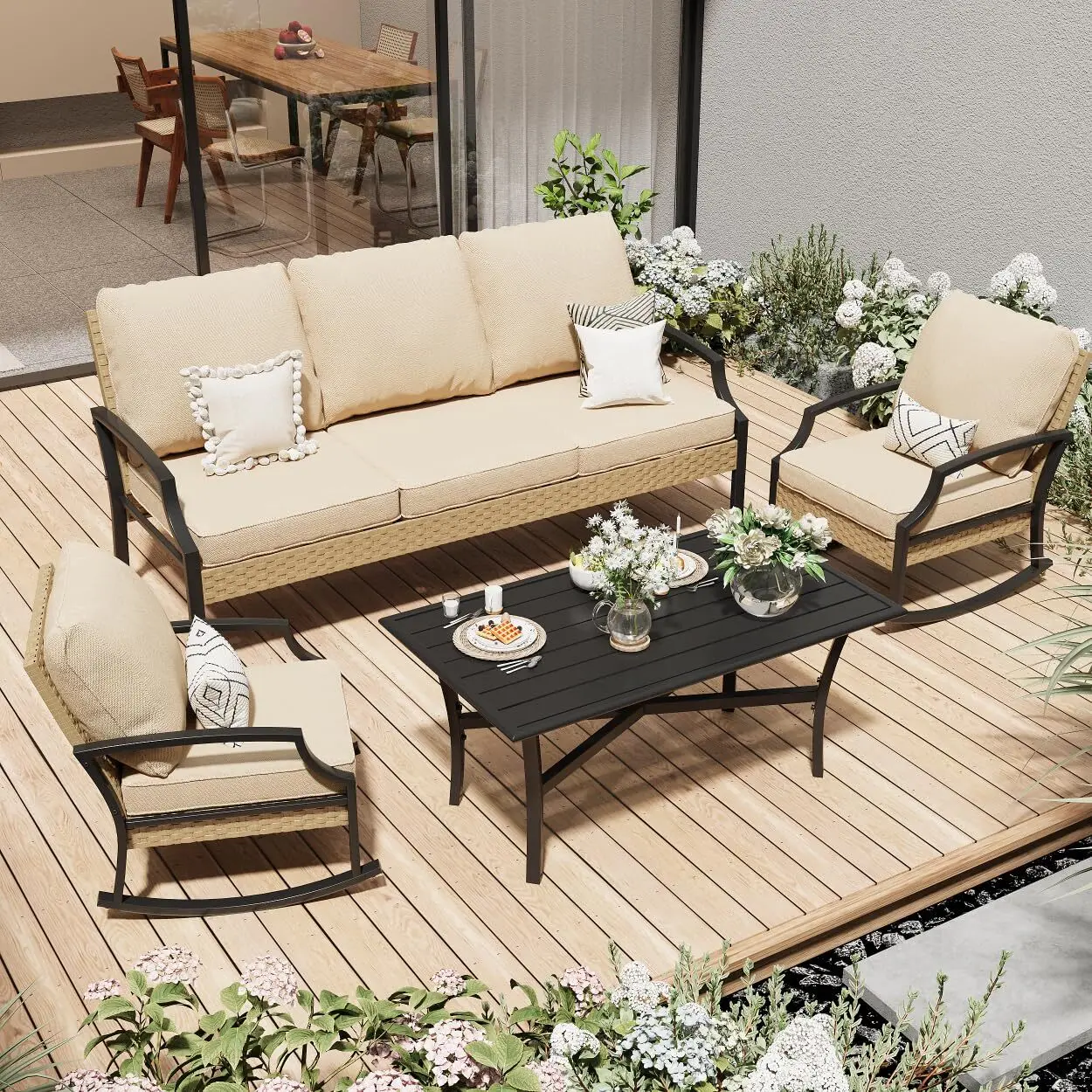 

Outdoor Patio Rattan Conversation Furniture Set with Coffee Table, Rocking Chair