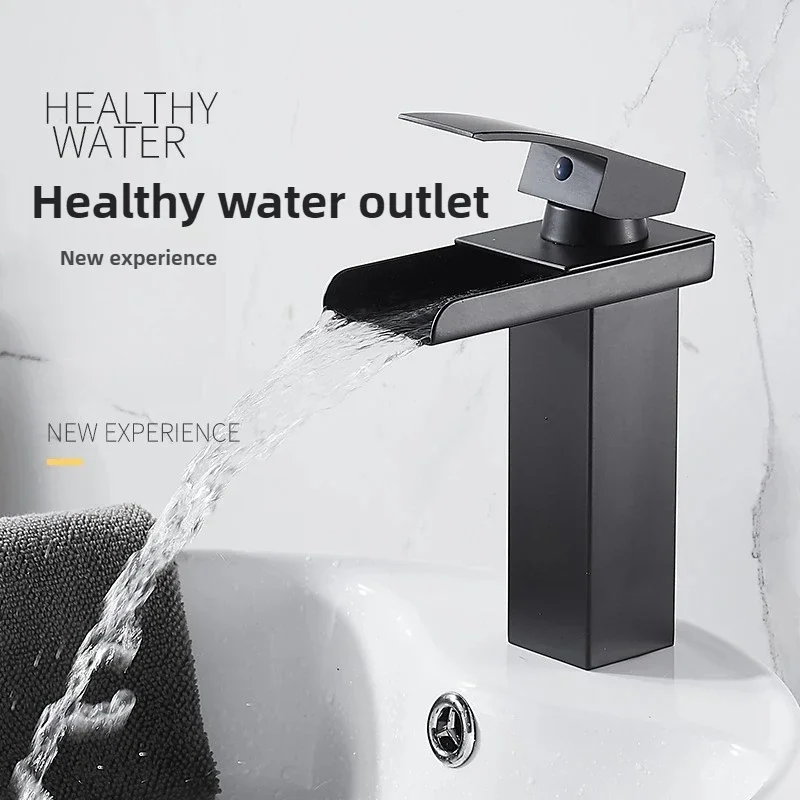 Matte Black Waterfall Basin Faucet Single Handle Hot & Cold Mixer Tap Deck Mounted Sink Faucet for Bathroom