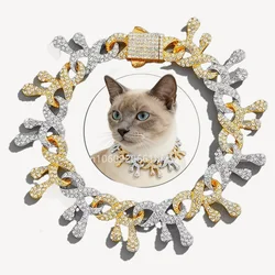 18mm Width Large Gold Silver Color Thorn Miami Cuban Link Chain Dog Collar Full Rhinestones Cat Pet Jewelry Para Perros Long