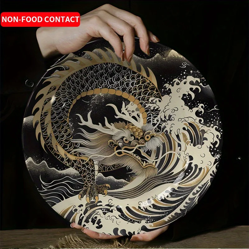 Plato de cerámica de dragón y onda asiática pintado a mano, placa decorativa redonda de contacto sin alimentos, adecuada para sala de estar, 1 ud.