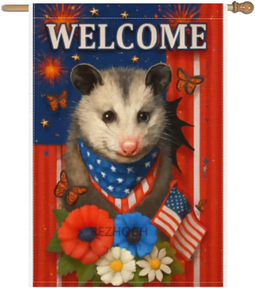 4th of July Garden Flag Opossum Patriotic Independence Day 28x40 Inch Double Sided Welcome Stars and Stripes Small Linen Yar ZZM