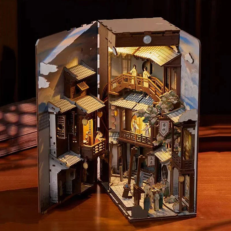 DIY Wooden Song Dynasty Book Nook Shelf Insert Kits Miniature Model Kit With Light Bookend for Friends Birthday Gifts