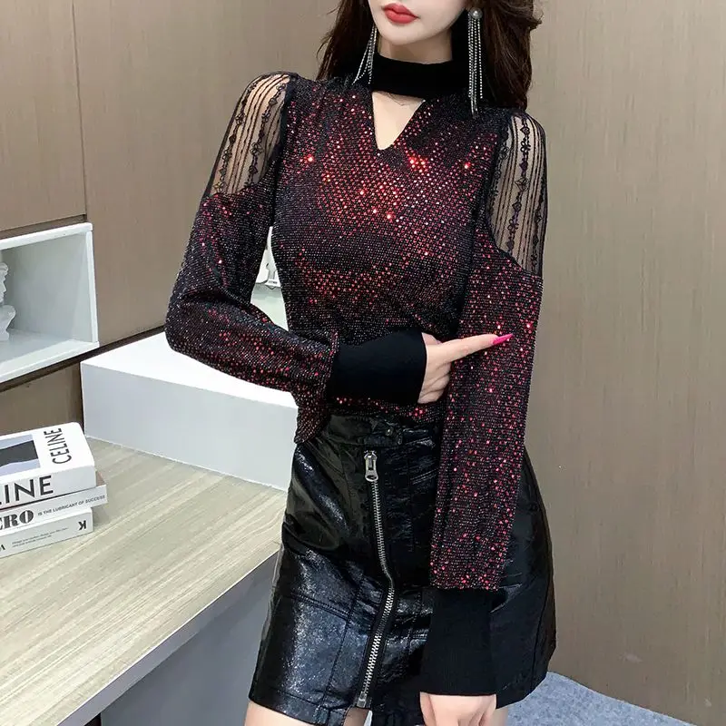 Spring Autumn New Fashion Solid T-Shirt Women's Clothing Aesthetic Slim Tees Fit Chic V Neck Long Sleeve Pullovers All Match Top