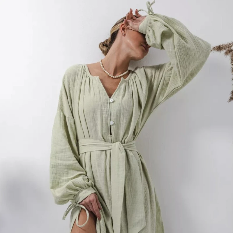 

2026 Four Seasons Hot selling Solid Color Cotton and Hemp Texture Round Neck Lazy Style Long Tie up Skirt