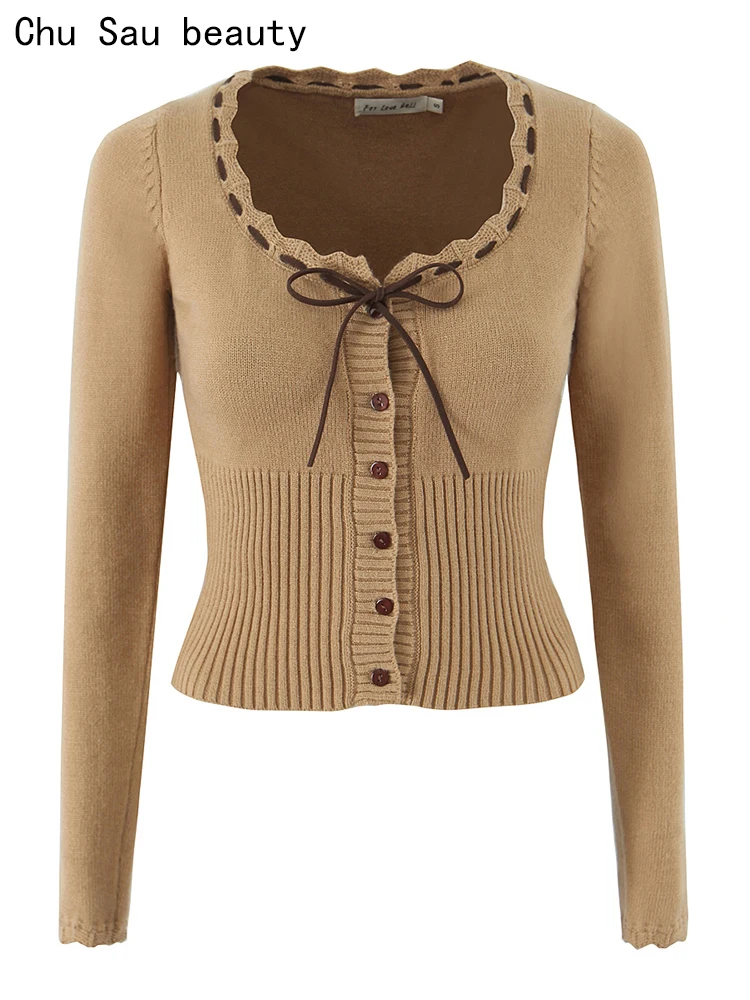 تشو ساو بيوتي 2025 المرأة موضة جديدة الحلو القوس تعادل شيك س الرقبة واحدة الصدر سترة مشغولة من الصوف مثير سليم كم طويل البلوزات #1