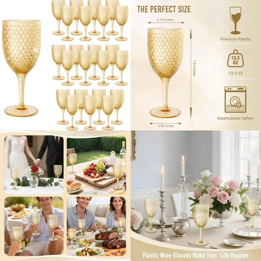 

24PCS Gold Plastic Wine Glasses 13oz,Acrylic Goblets Toasting Glassware,Unbreakable Cups Drinking Glasses for Bar Party,Wedding