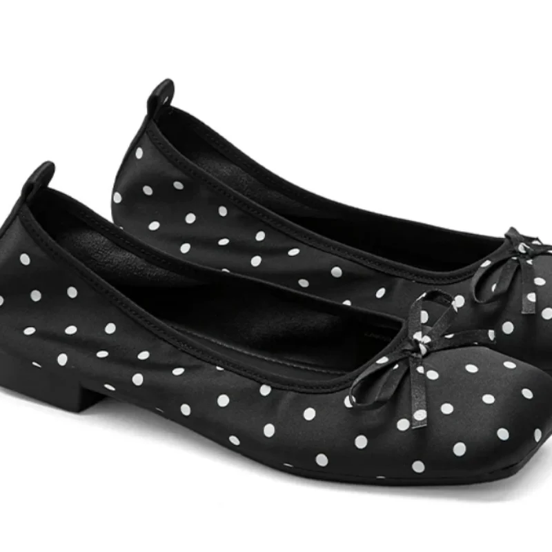 

Butterfly-knot Shoes for Ladies Square Toes Flat Heels Dots Chassure Femme Shallow Womens Solid Zapatos De Mujer Sewing Lines