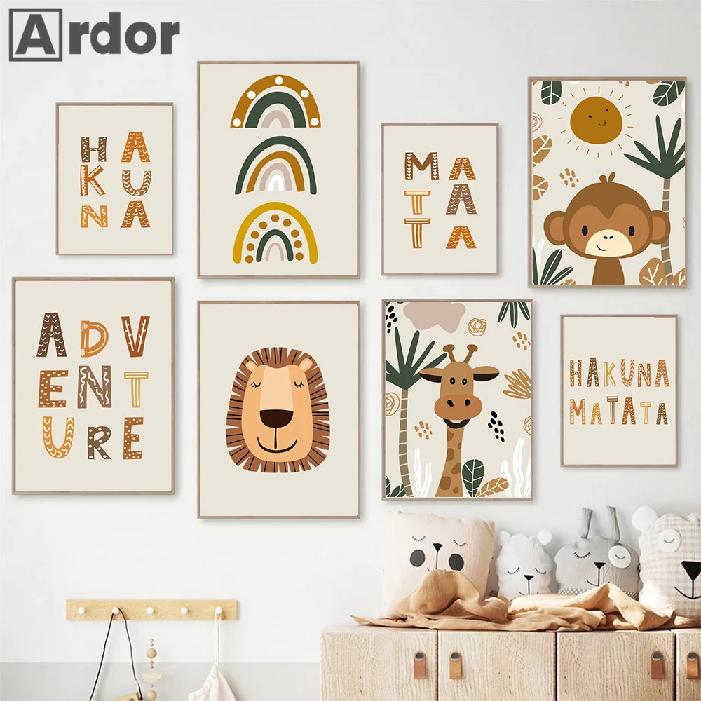 Lion Giraffe Monkey Jungle Animal Boho Rainbow Nursery Posters Wall Art Print HAKUNA MATATA Canvas Painting Baby Kids Room Decor