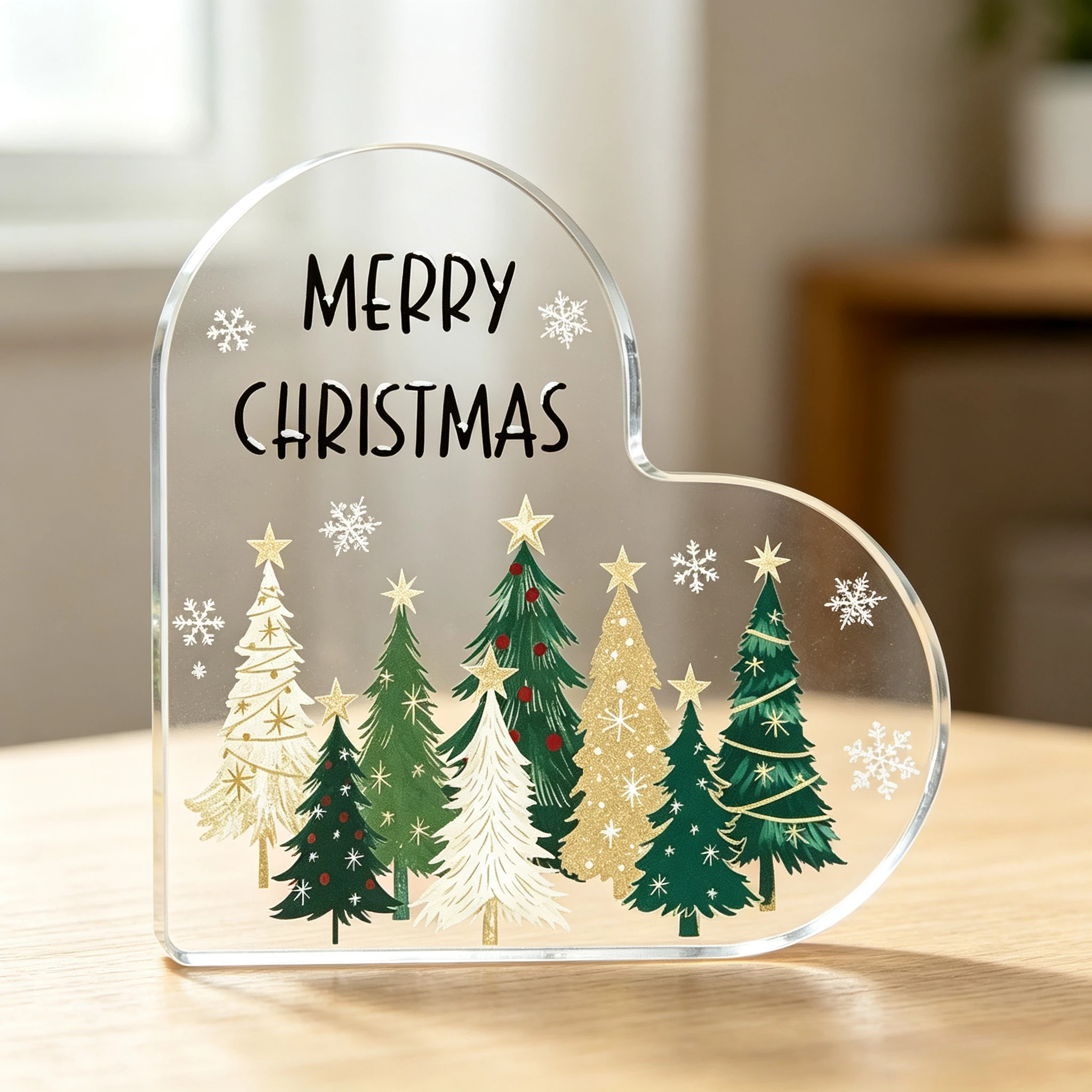 Freestanding Clear Heart Acrylic Ornament Christmas Tree Snowflake Desktop Present Xmas Home Decor Gift，Heart‑Shaped Acrylic Plaque Merry Christmas Xmas Tree Snowflake Freestanding Holiday Keepsake Gift