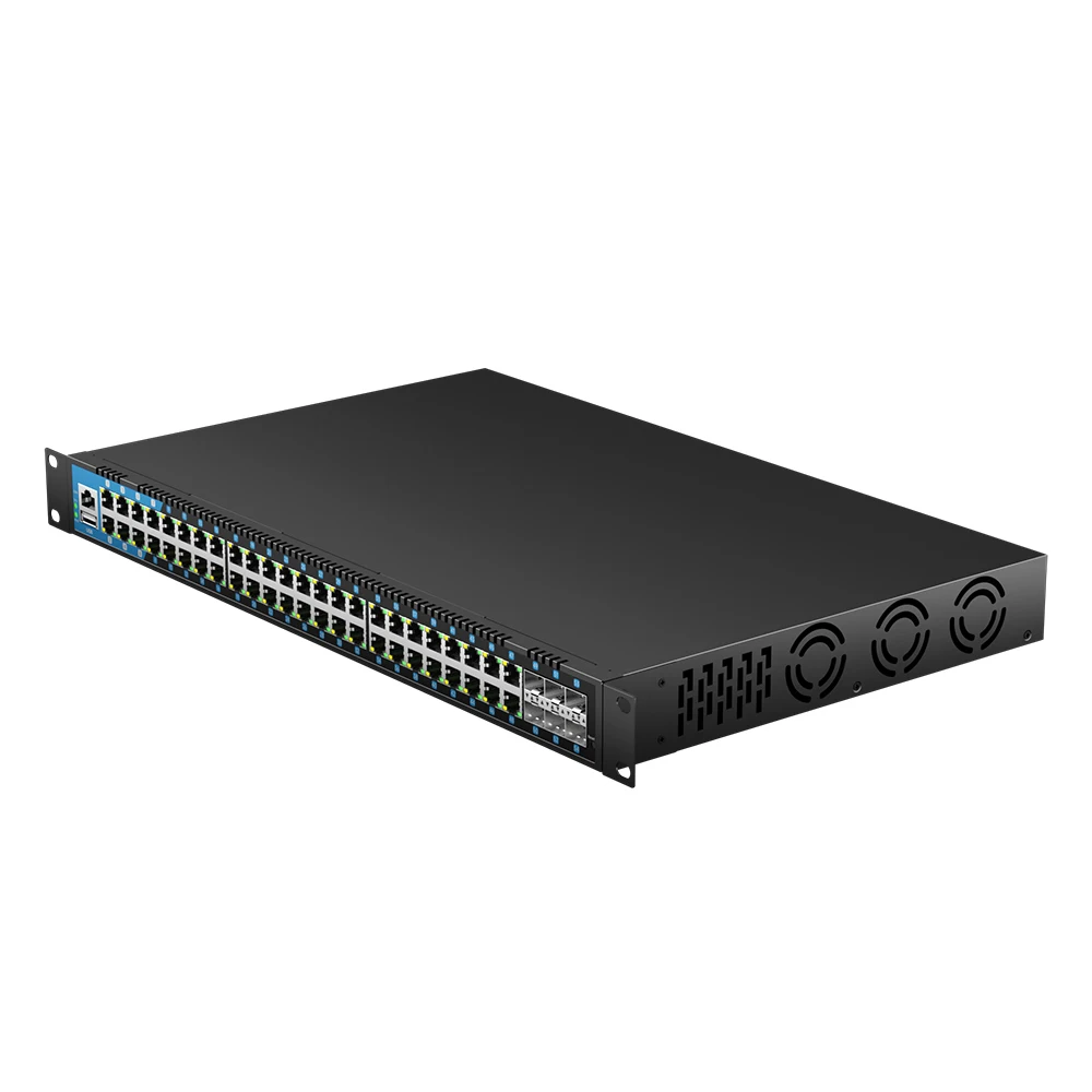 Bullscom 54-poorts beheerde PoE+-schakelaar |   48× Gigabit PoE+ (400W) + 6× 10G SFP+ |   Laag 3-routing |   Netwerkswitch voor onderneming