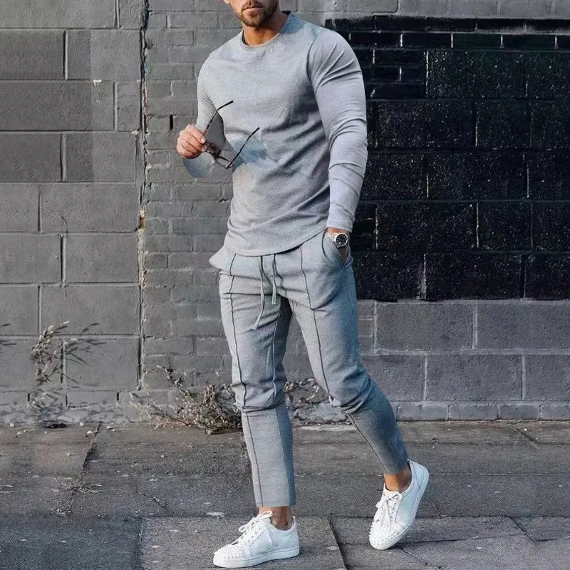 Costume pour hommes, couleur unie, T-shirt à manches longues, pantalon Long, ensemble 2 pièces, survêtement décontracté, Streetwear, vêtements surdimensionnés, sweat-shirt