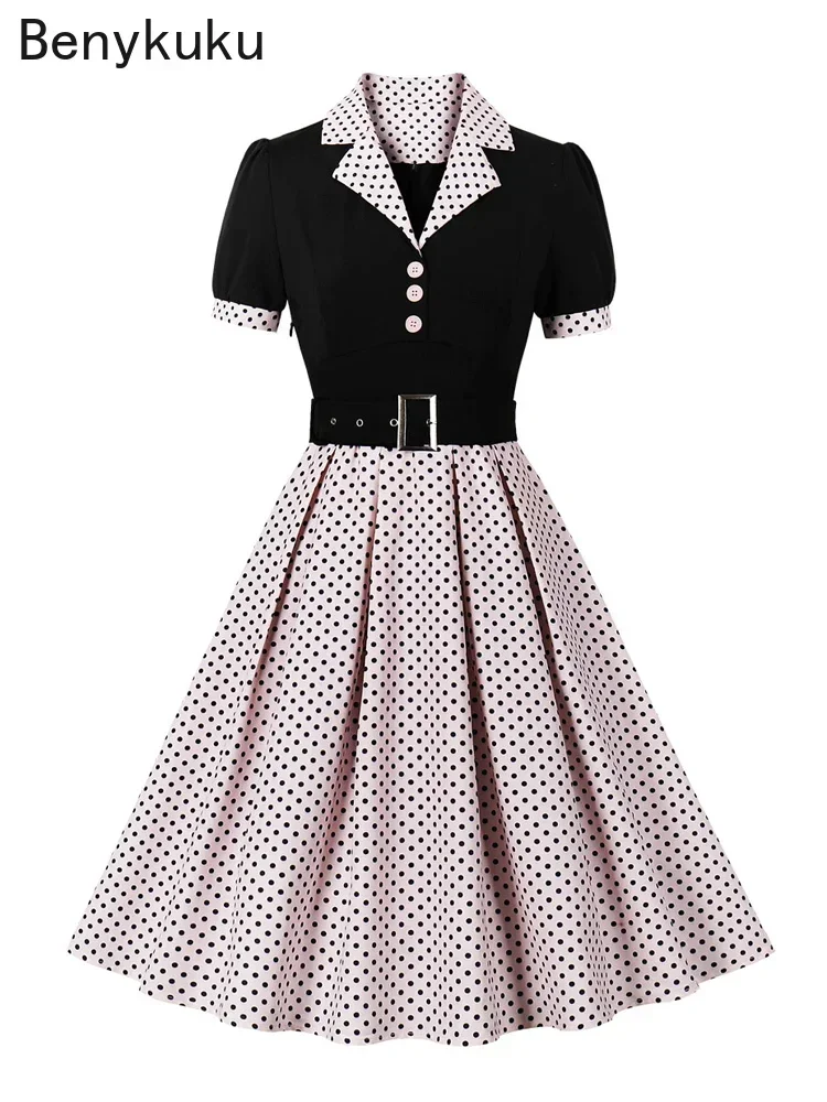 Vestido Rockabilly de verano de dos tonos con cuello con muescas para mujer, ropa Vintage elegante con cinturón y botones, 2024