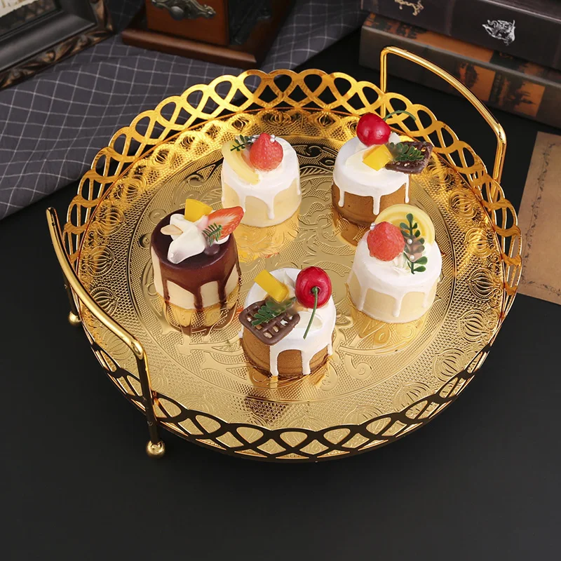 

Golden Alloy Fruit Tray circle Snack Dessert Storage Plates for Cupcake Display Birthday Party Dessert Wedding Decoration