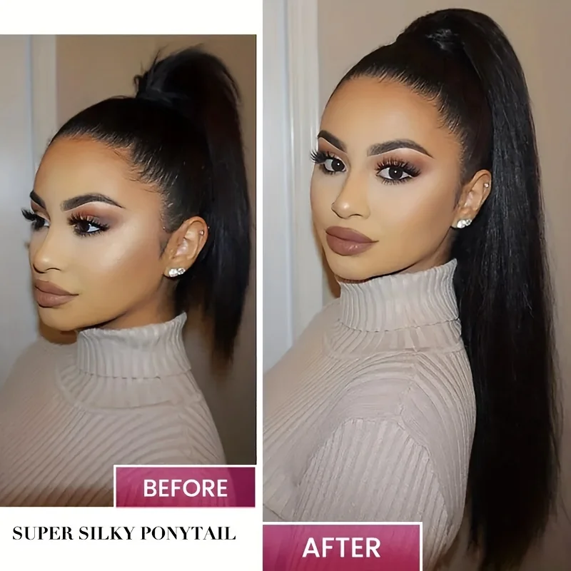 Extensiones de Cabello con Clip de cola de caballo para mujer, postizo negro, 100% cabello humano, Color Natural
