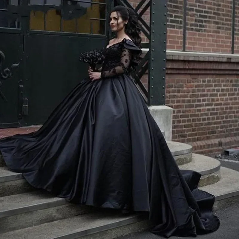 Customized  Gothic Black Lace Vestidos De Noiva Bridal Gown Sweep Train One Long Sleeve Plus Size A-Line Country Wedding Dress