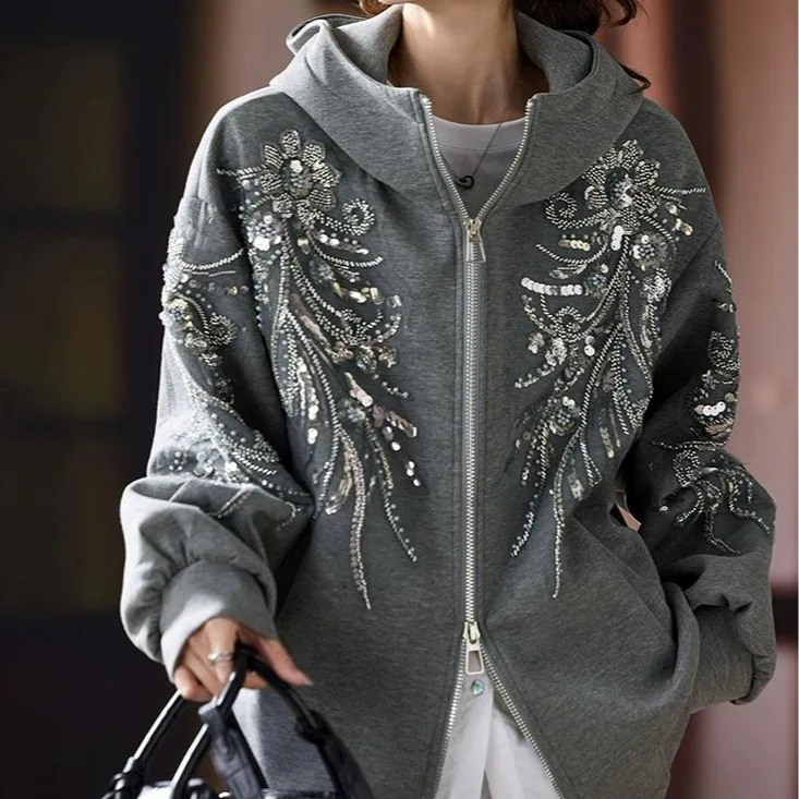 SuperAen Fashion Embroidered Flares Hooded Jacket for Women Spring and Autumn 2025 New Loose Oversize Casual Coats