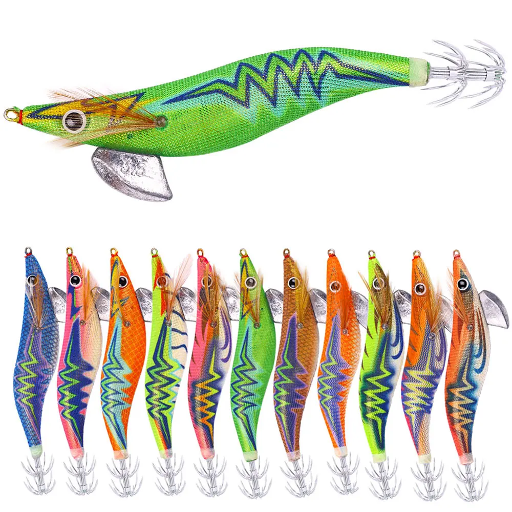 1pcs Wooden Shrimp Fishing Lure Squid Jig Fishing Hook Octopus Cuttlefish Artificial Jigging Lures Hard Bait Pesca 3.5# 14CM 20g