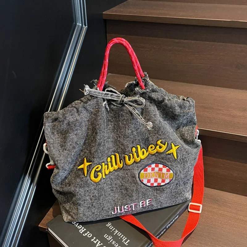 

Classic Denim Shoulder Tote Bag - Lightweight Vintage Style with Drawstring Closure Decorative Letters & Adjustable Strap